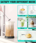 Powerful Rechargeable Milk Frother Wand With Stand, Handheld Electric Foam Maker For Coffee, Latte, Cappuccino, And Matcha, shown frothing milk in glass cup.