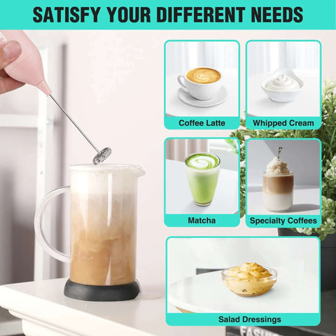 Powerful Rechargeable Milk Frother Wand With Stand, Handheld Electric Foam Maker For Coffee, Latte, Cappuccino, And Matcha, shown frothing milk in glass cup.