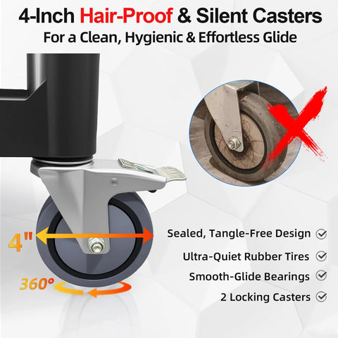 Close-up of silent 4-inch casters on Three Tier Rolling Service Cart With Tangle Free Swivel Wheels And Two Brakes, heavy-duty design.