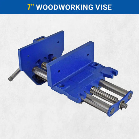 Rapid Action Woodworking Vise With Quick Release Lever, 7 Inch Jaw Width And 8 Inch Opening, Heavy-Duty Cast Iron Construction, Chrome Sliding T-Bar Handle, Steel Guide Rails, Blue Finish For Fast, Smooth Adjustments In The Shop
