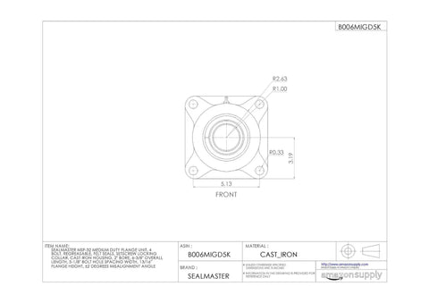 Workhorse 2 Inch Bore Four Bolt Flange Bearing Unit With Rugged Cast Iron Housing front view with dimensions labeled.