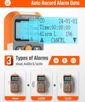 Guard-101 Four Gas Detector screen showing alarm data, visual, audible, tactile alarm types displayed below.