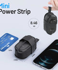 Image of Ultra Portable Travel Power Strip With USB Ports And 4ft Extension Cord, compact size compared to a credit card and smartphone.