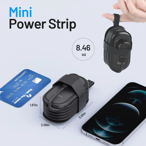 Image of Ultra Portable Travel Power Strip With USB Ports And 4ft Extension Cord, compact size compared to a credit card and smartphone.