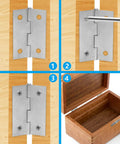 Six Pack 2 Inch Mini Butt Hinges Forged From Premium 304 Stainless Steel in use, shown mounted on a craft box, detailed installation steps.