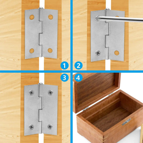 Six Pack 2 Inch Mini Butt Hinges Forged From Premium 304 Stainless Steel in use, shown mounted on a craft box, detailed installation steps.