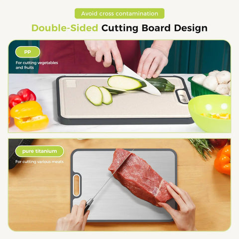 Two In One Titanium Cutting Board Heavy Duty Dual Sided Kitchen Tool With Pure Titanium And PP Surfaces, suitable for meat and vegetables.