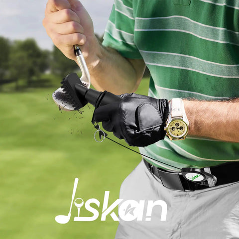 Person using Pro Grade All In One Golf Cleaning Kit With Club Cleaner Brush Grip Cleaner Club Polish Microfiber Towel Water Brush Groove Sharpener Tool And Portable Case Ideal For Quick On Course Club Care And A Great Gift For Golfers on golf course