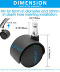 Diagram showing dimensions of Five Pack 1.5 Inch Swivel Caster Wheels With M8 Circlip Stem 8mm By 20mm, for furniture use.