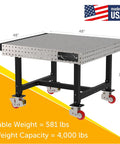 Rock Solid Mobile Welding Fixture Table Featuring Precision Laser Grid Holes 48 By 48 By 36 Inches with sturdy frame and lockable wheels.