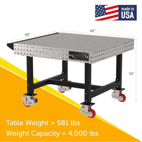 Rock Solid Mobile Welding Fixture Table Featuring Precision Laser Grid Holes 48 By 48 By 36 Inches with sturdy frame and lockable wheels.