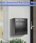 Black wall-mounted mailbox with lock in rain, Outdoor Steel Key Lock Mailbox With Wall Mount, Secure Drop Box For Home Or Office