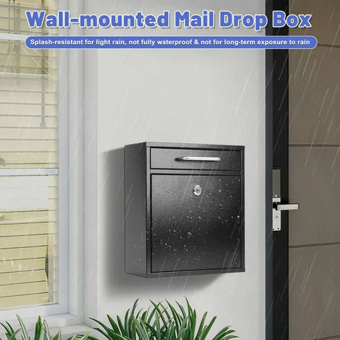Black wall-mounted mailbox with lock in rain, Outdoor Steel Key Lock Mailbox With Wall Mount, Secure Drop Box For Home Or Office