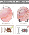Round Resin Toilet Seat for Bathroom size guide displaying dimensions and fitting options, featuring a pink marble design.