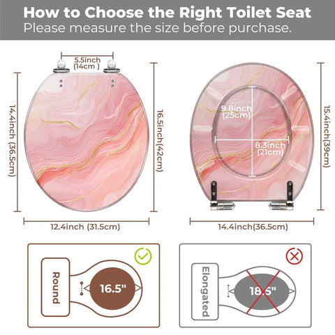 Round Resin Toilet Seat for Bathroom size guide displaying dimensions and fitting options, featuring a pink marble design.