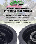 4 Pack 8 Inch Lawn Mower Wheel Kit For Honda HRN216 Front And Rear Replacements Includes Two 8x2 Inch Front Wheels And Two 8x2 Inch Rear Wheels Bore 1/2 Inch Fits 42710-VR8-N00ZA And 44710-VR8-N00ZA Rugged Heavy Duty Plastic shown with push mower