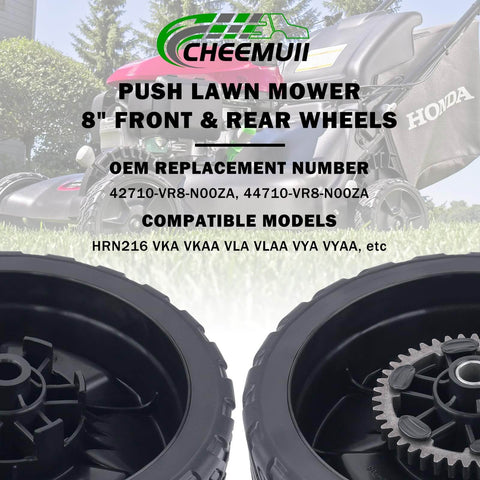 4 Pack 8 Inch Lawn Mower Wheel Kit For Honda HRN216 Front And Rear Replacements Includes Two 8x2 Inch Front Wheels And Two 8x2 Inch Rear Wheels Bore 1/2 Inch Fits 42710-VR8-N00ZA And 44710-VR8-N00ZA Rugged Heavy Duty Plastic shown with push mower