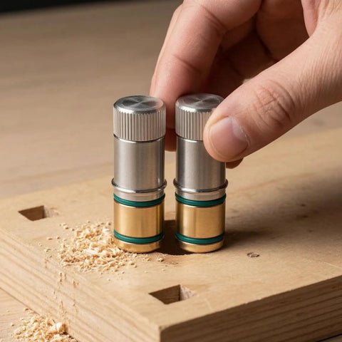 Hand using Self-Locking Table Stop Set For Workbench Holes, Non-Slip 20mm Crafting Bench Stop in wood