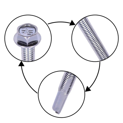 Close-up of a self tapping screws for attaching metal 12 24 by 3 hex washer head self drilling Tek screw zinc plated steel