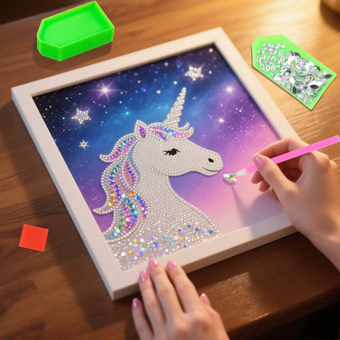 Diamond Painting Tools Kit With 24 Piece Accessories Including 8 Drill Pens 8 Trays And 8 Wax Pads For 5D Diamond Art DIY Projects Perfect For Beginners And Crafters being used to create a unicorn diamond art on a wooden table.