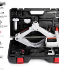 Electric Car Jack 3 Ton Scissor Floor Jack Set With 12V Automatic Lift For Roadside Emergency Tire Change, Sturdy Triangular Base, Cold Rolled Steel Construction, Reinforced Screw Rod, Self Locking Safety, Fits Sedans And SUVs in carry case with accessories