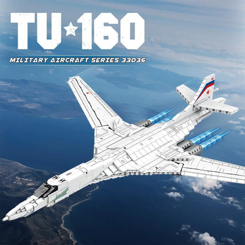 White Swan Fighter Building Block Set 33036 with 1598 pieces, military bomber model kit flying over landscape.