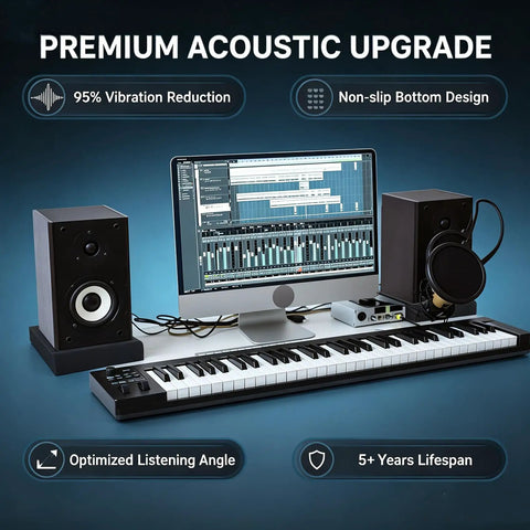 High Density Acoustic Isolation Pads 2 Pack Studio Monitor Speaker Foam on desktop with sound equipment and keyboard.