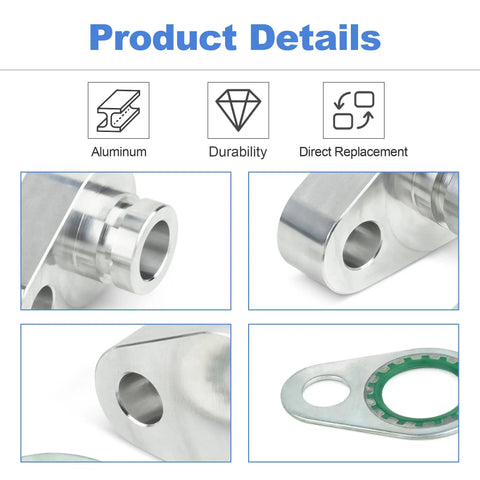 Close-up of aluminum fittings from Ford Expedition Rear AC Block Off Kit With Seal Washer Aluminum Fittings Includes 2 Block Fittings New O Rings And Sealing Washers Direct Fit For 2007 To 2018 Models Not For Single O Ring Block Fittings Without Washer DIY Ready For Easy Install showing top and side views