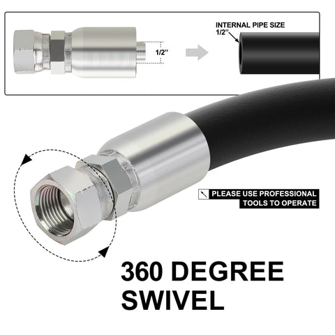 Close-up of 1/2" hydraulic hose swivel fitting end on a black hose; JIC 37° flare, 360-degree swivel.