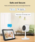 Indoor Security Cam 1080P Plug In WiFi for Home Security shown with tablet displaying baby monitor feed.