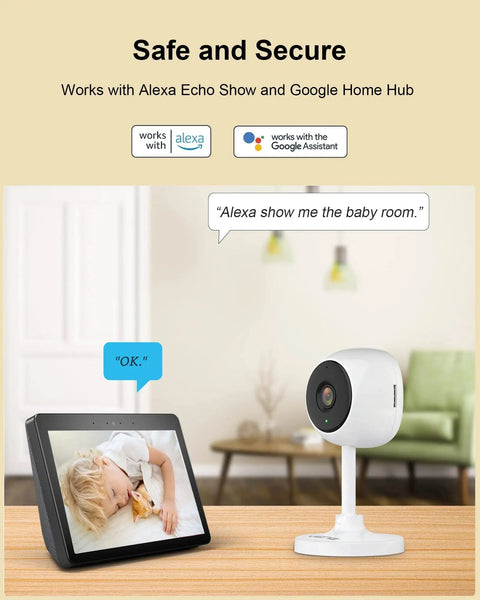 Indoor Security Cam 1080P Plug In WiFi for Home Security shown with tablet displaying baby monitor feed.