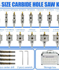 Heavy Duty Carbide Hole Saw Kit For Metal, 14 Piece Set With Titanium Plated Pilot Centers And L Wrenches displayed with case