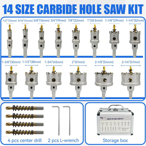 Heavy Duty Carbide Hole Saw Kit For Metal, 14 Piece Set With Titanium Plated Pilot Centers And L Wrenches displayed with case