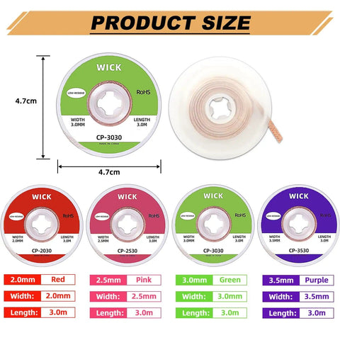 No Clean Soldering Wick Braid Desoldering Kit 8 Pcs with various widths and lengths shown in multiple colors and sizes.