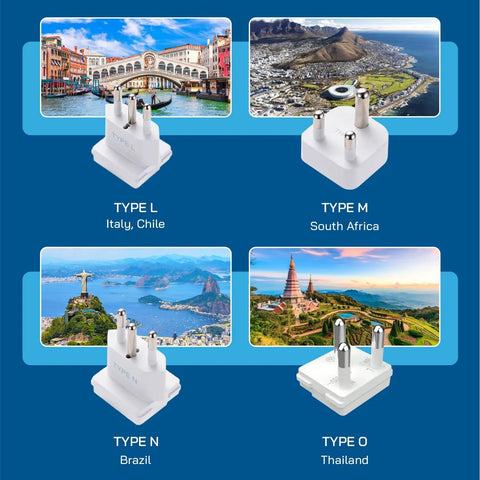Image showing Must-Have World Travel Universal Power Adapter Kit with Type L, M, N, O adapters for various countries.