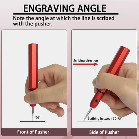 Total Game Changer Scale Model Scribing Tool With Razor Sharp Tungsten Steel Chisel, showing engraving angle from front and side.