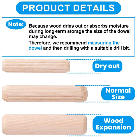Top Shelf Wooden Dowel Pins Featuring Fluted Hardwood Rods For Furniture Repairs And Craft Builds Supplies Ninety Pieces in display showing dry out and size changes.