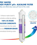10 Inch High Purity PH Plus Calcium Carbonate Alkaline Filter For Your H2O Three Eighths Inch Quick Connect Made in USA Friction Welded Construction With No Glue Or Binder showing filter with high purity calcite.