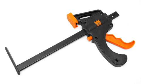 Two Pack Quick Release Track Saw Clamps With 7.5 Inch Opening And 2.5 Inch Throat, Easy Release Buttons And Squeeze Trigger