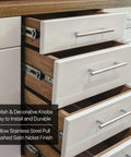Stainless Steel T Bar Cabinet Handles With Satin Brushed Nickel Finish, 8 Inch And 5 Inch Center To Center Drawer Pulls Installed