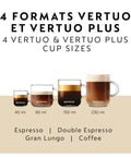 Vertuo Plus Single Serve Coffee And Espresso Maker By Breville in Ink Black with 4 cup sizes shown: 40ml, 80ml, 150ml, 230ml