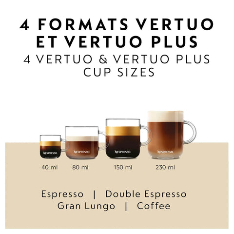 Vertuo Plus Single Serve Coffee And Espresso Maker By Breville in Ink Black with 4 cup sizes shown: 40ml, 80ml, 150ml, 230ml