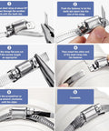 Two stainless steel worm-drive hose clamps; montage of front, side, and installed views on a pipe.