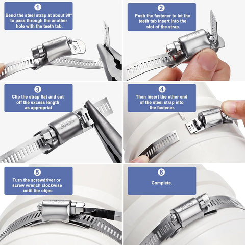 Two stainless steel worm-drive hose clamps; montage of front, side, and installed views on a pipe.