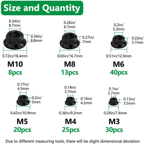 Hex Flange Nuts Set Kit 136 Piece Six Metric Sizes Black Carbon Steel Zinc Plated Assortment M3 M4 M5 M6 M8 M10 display