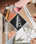 Collage of Everyday Carry Pry Bar With Carabiner Tiny Stainless Steel Multitool opening bottle, box, door, and removing staples.