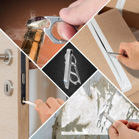 Collage of Everyday Carry Pry Bar With Carabiner Tiny Stainless Steel Multitool opening bottle, box, door, and removing staples.