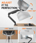 Built Tough Heavy Duty Monitor Arm For 13 To 49 Inch Ultrawide Screens With Full Motion Desk Mount showing tilt, swivel, and rotation features.
