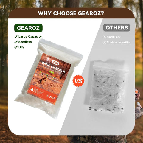 Top Shelf Wind Direction Indicator Refill For Hunters And Woodsmen Using Natural Plant Fibers To Read Downwind Air Currents Smoothly Without Messy Talc Powder Dust 25 Gram Pack shown in comparison with smaller pack.