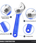 Adjustable wrench with blue handle, features labeled: smooth rotation, slip-resistant handle, chrome vanadium steel, hanging hole.